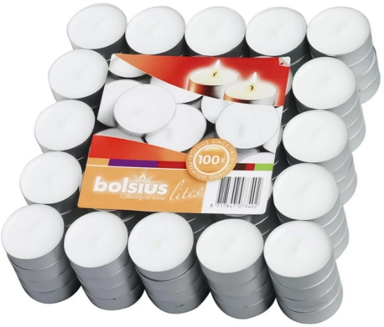 Изображение Ароматические свечи BOLSIUS, белые, в металлических контейнерах, 3,5 ч, 100 шт